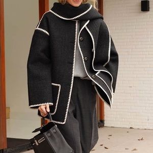 black contrast drop shoulder wool blend tweed coat with scarf